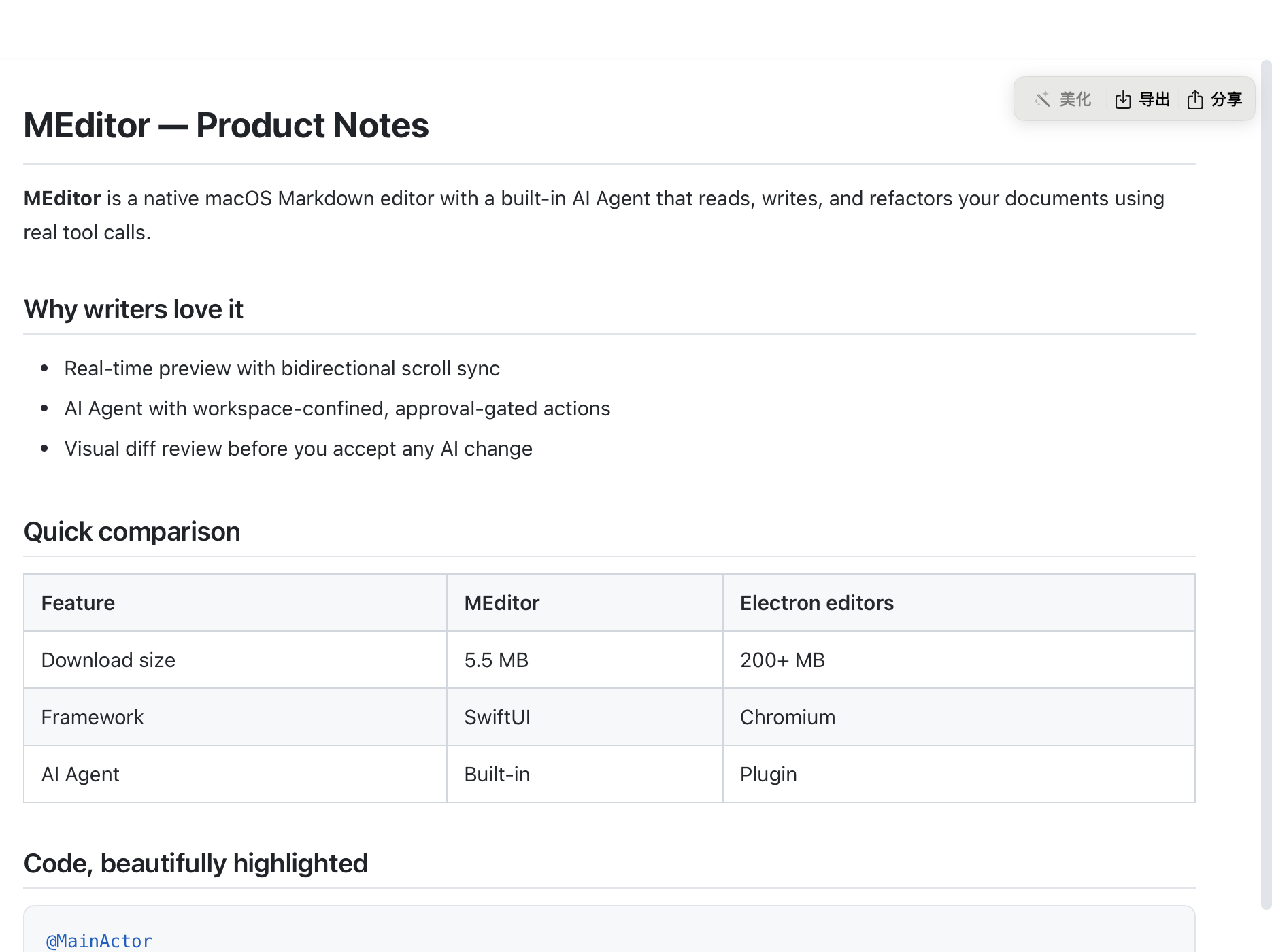 MEditor editor view with rendered Markdown, table and code block